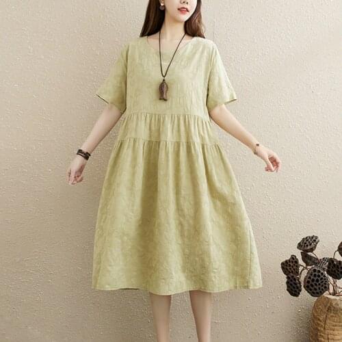 Print Pink Color Loose Summer Dress Short Sleeve Cotton Linen Jacquard Vintage Dress Plus Size Women Tavel Casual Midi Dress