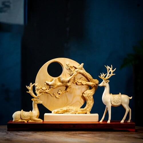 Cypress Wood 37cm Elk Sculpture Wood Animal Statue Full Moon Deers Auspicious Home Decore
