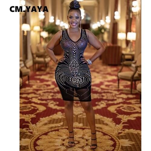 CM.YAYA Hot Rhinestones Paisley Mesh Patchwork Women Midi Dress Long Sleeve Bodycon Sexy Club Party Pencil Sleeeless Dresses
