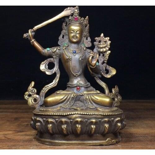 6" Tibet Buddhism Temple bronze Set with gems Statue of Guanyin Bodhisattva holding sword Manjushri Buddha Statue Avalokitesvara
