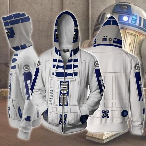Unisex White Black R2-D2 Robot Hoodies Sweatshirts for Adults Men Women Zip Up Jacket Coat Halloween Costume Sports Wear