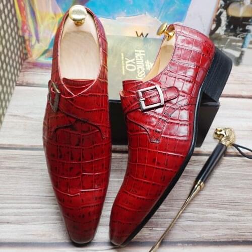 Luxury Mens Loafers Genuine Leather Shoes Red Black Slip On Monk Strap Shoes Mens Dress Banquet Party Wedding Men Casual Shoes