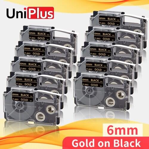 UniPlus 10PK Gold on Black Printer Ribbon 6mm XR-6BKG for Casio Label Tape XR6BKG 1/4" Compatible Casio Typewriter Label Maker