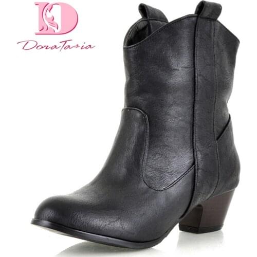 Doratasia 2020 Big Size 45 Chunky Heels Autumn Winter Shoes Women Slip On Cowboy Western Boots Female