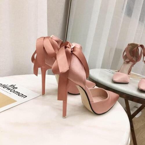 2021 spring new wild pointed shallow mouth single shoes ribbon bow banquet dress bridesmaid wedding shoes stiletto sandals women