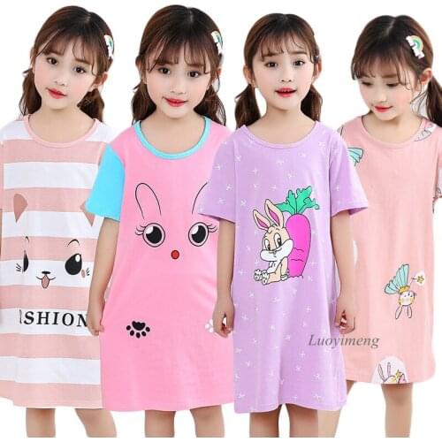 2021 Girls Pajamas Dresses Unicorn Cotton Nightdress Little Teen Children Cartoon Summer Nightgown Home Clothes Kids Sleepwear