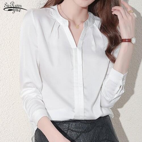 2021 Autumn Long Sleeve Solid Silk Shirt Lady V-neck Elegant High-end Superior Blouse Fashion All-match Chiffon Tops Woman 16706