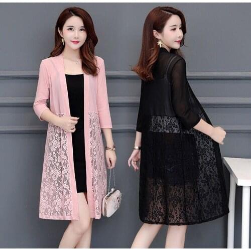 5XL Plus Size Summer Lace Cardigan Women Mid-Long Mesh Sunscreen Jacket Casual Pink Black Red White Long sleeve Thin Coat Y219