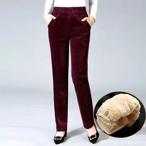 Plus Velvet Thick Women Corduroy Pants High Waist Winter Warm Mom Trousers Plush Oversized Female Straight Pants Office Lady