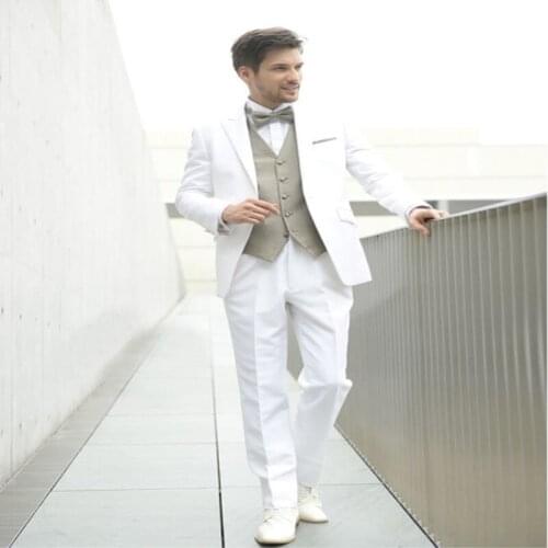 White Tuxedos Bridal Notched Lapel Groomsman Costume Light Gray Vest Suit Wedding Custom Made Man Suit Jacket Pants Vest 192