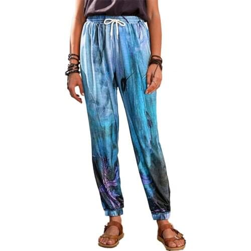 Summer New Boho Wide Leg Pants 2021 High Waist Women Pants Graffiti Printing Drawstring Trousers Elastic Waist Ankle Tied Pants