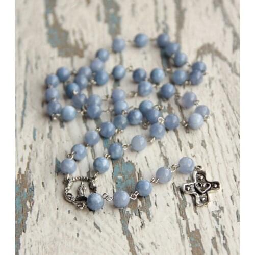 Cross long necklace prayer beads Christmas gift for her religious aquamarine beads women rosaries blue gemstone catholic