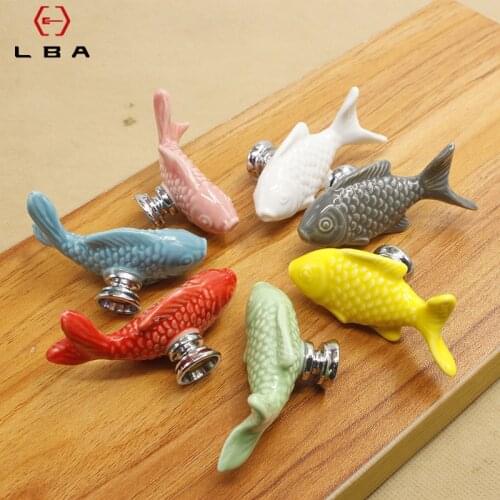 Ceramic Zinc Alloy Fish Drawer Knobs 3D Cartoon Cabinet Cupboard Handles Fashion Kids Cabinet Knobs Hardware Room Handle