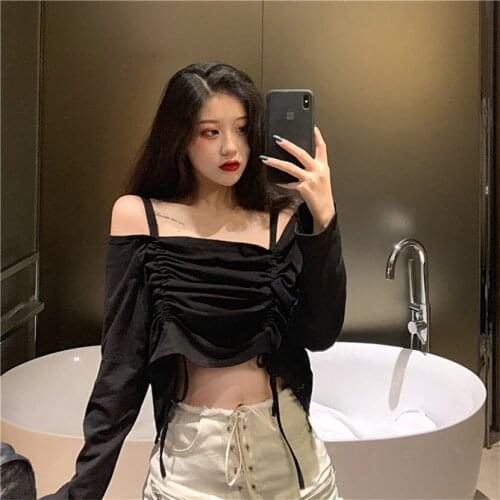Early Autumn Korean Chic Fashion T-shirt Small Sexy Drawstring Lace Up Straight Neck Off Shoulder Long Sleeve Shirt Women Top