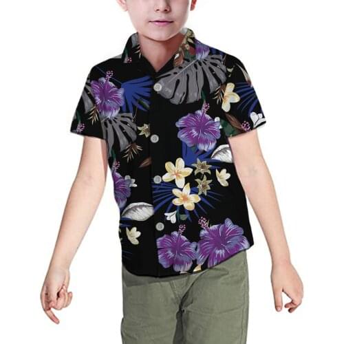 2021 Summer Hot Sale Children Shirts Casual Hawaii Floral Polynesian Tribal Blue White Short-sleeved Boys Shirts For 5-16 Years