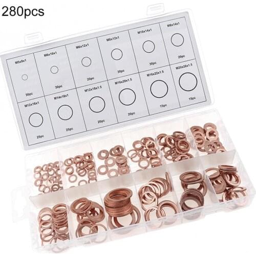 Copper gasket 280pcs Mechanical Sealed Copper Washers Set with 12 Sizes for Sump Plugs / Hydraulic Fittings