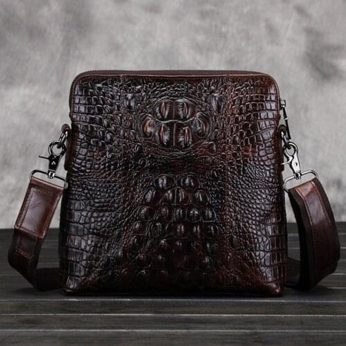 Men Retro Genuine leather First Layer Cowhide Crocodile Grain Style Cross Body Shoulder Messenger Business Bag