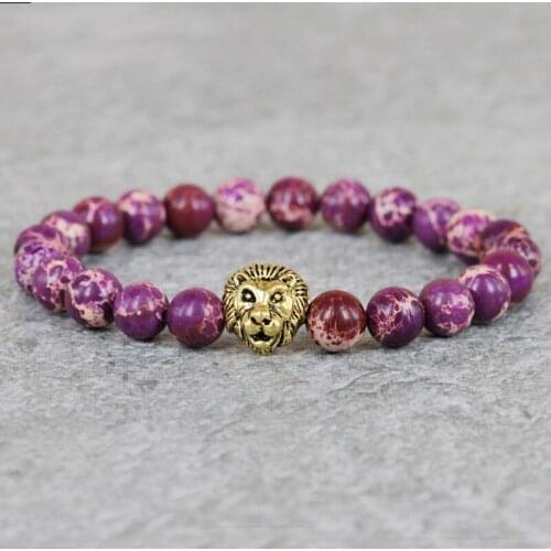 2017 New Design Jewelry 8mm Purple Sea Sediment Stone Bead with Antique Color Lion Mens or Womens Bracelet