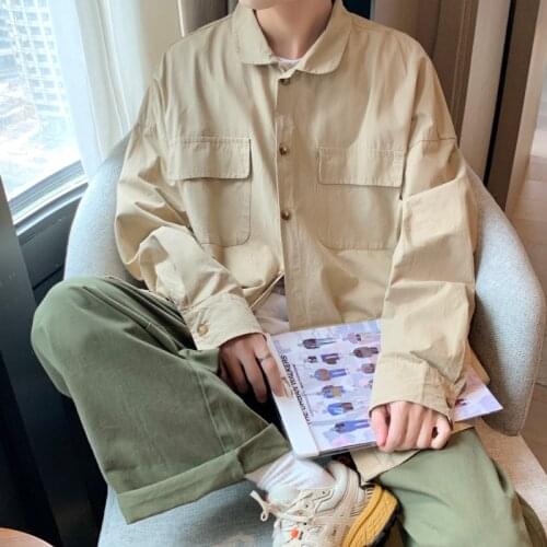 Autumn Pocket Tooling Shirt Mens Fashion Blue/Khaki Casual Shirt Men Streetwear Loose Long-sleeved Shirts Mens Dress Shirt