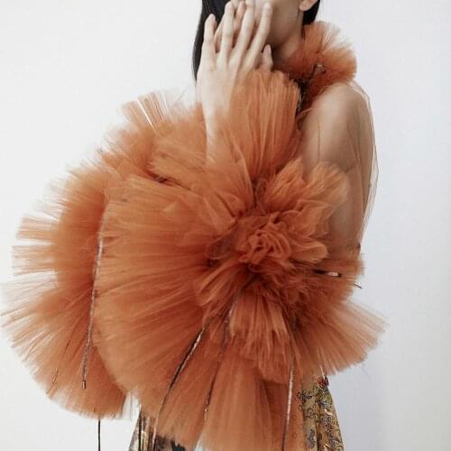 Fluffy See Thru Tops Women Shirt Mesh ropa de mujer High Neckline Tulle Blouse Ruffled Sleeve Puffy Women Tops