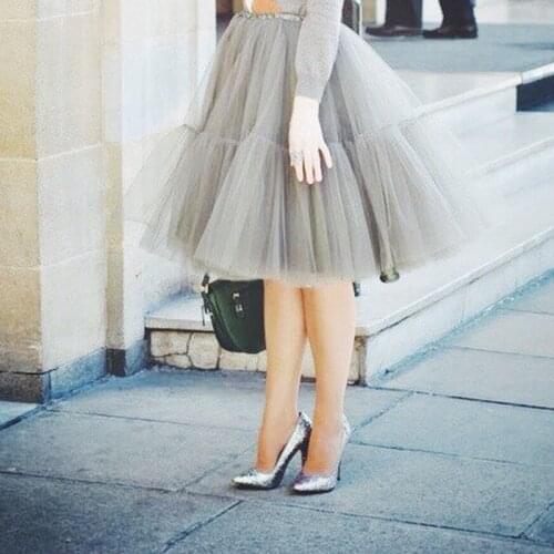 Puffy Knee Length Gray Color Tulle Skirts Elastic Plsu Size Midi Tutu Female Adult Skirt Custom Made Preppy Style Faldas Saias