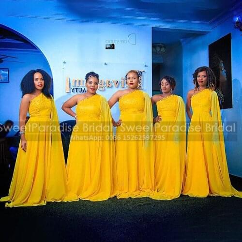 Luxury Beads A Line Bridesmaid Dresses Gold Yellow Chiffon Streamer One Shoulder Long Wedding Party Dress Maid Of Honor