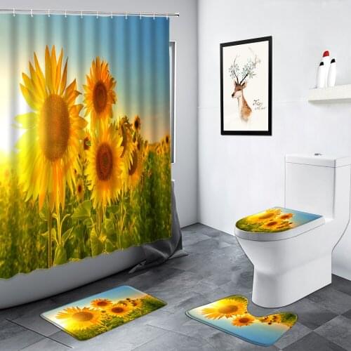 Sunset Rural Sunflower Shower Curtain Set Non-slip Rug Green Plants Flowers Scenery Bathroom Decor Carpet Bath Mats Toilet Cover