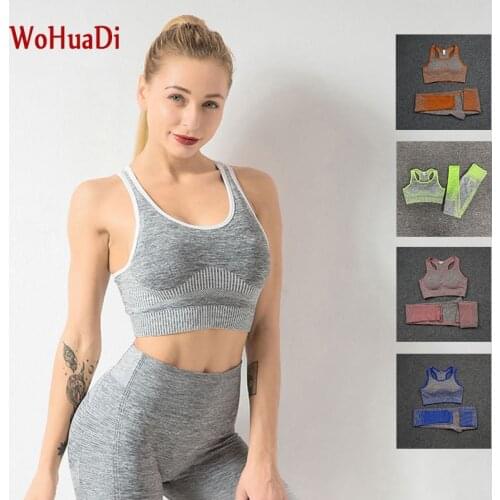 WOHUADI Womens Clothing 2020 Yoga Sets Tracksuit Wives Seamless Gym Fitness Sports Bra Shirt Leggings Stripe Sportswear Female