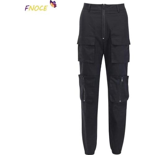 FNOCE Trousers Straight Cargo Pants Womens Zipper Fly Multi-Pocket Fashion Streetwear Polyester Overalls Pants Girls