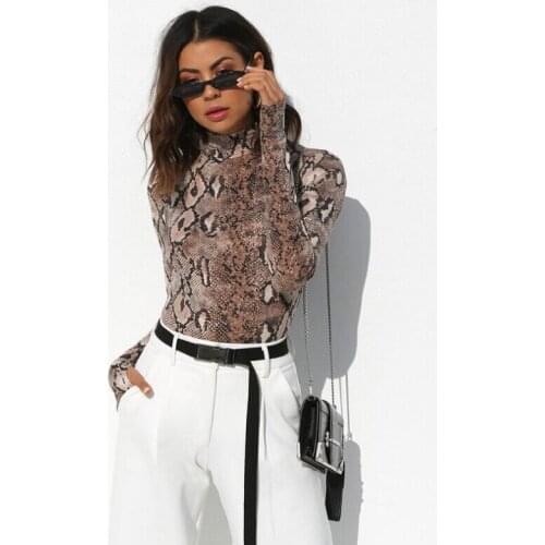 New Arrival Womens Sexy Snake Skin Grain Long Sleeve High Neck Bodycon Bodysuits Fashion Sexy Jumpsuit Rompers