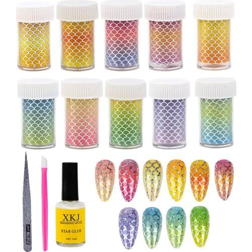 10Pcs Laser Fish Scales Nail Foil Holographic Gradient Mermaid Transfer Sticker With Tweezers Nail Foil Glue Manicure Set