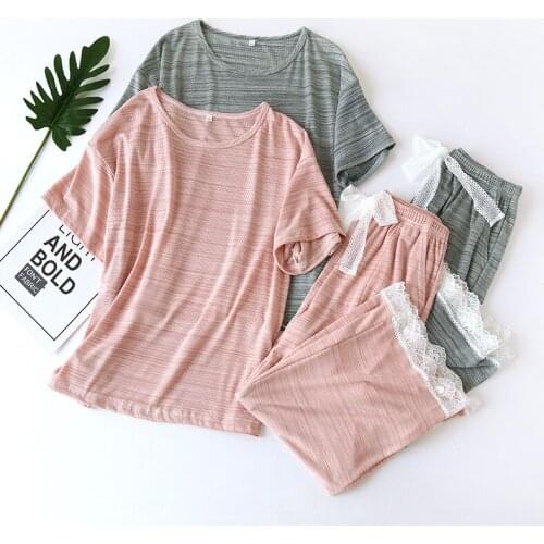 Home Clothes For Women Sleep Sets Summer Short Sleeve Lingerie Sleepwear O-Neck Pijama feminino 2 Pieces Sets Homewear