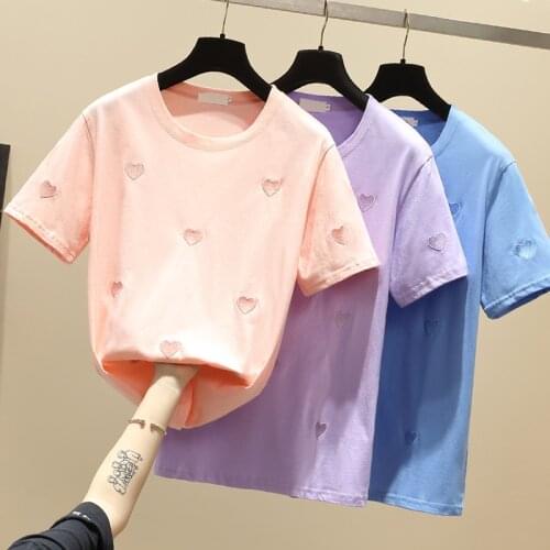 Gkfnmt Summer Tees Embroidery Love T-Shirt Woman Casual Tshirt Femme 2021Short Sleeve T Shirt Women Cotton Slim Pink Purple Tops