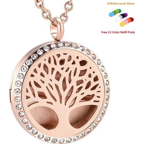 IJP0366 Rose Gold Color Tree of Life Aromatherapy / Essential Oils surgical S.Steel Diffuser Locket pendant Necklace