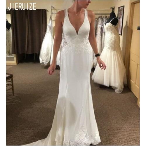 JIERUIZE Elegant White Mermaid Wedding Dresses V-Neck Button Back Wedding Gowns Lace Appliques Beach Bridal Gowns robe de mariee