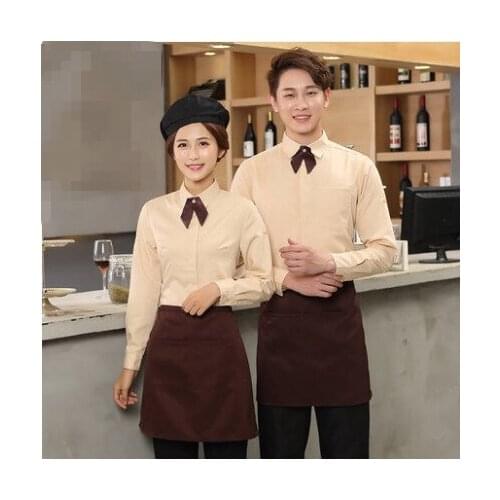 The New Full Sets Restaurant Waiter Uniform Shirt+Apron Coffee Shop Waitress Uniform Men Cook Clothing Hotel Bakery Work Wear
