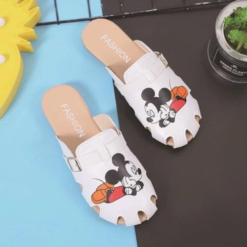 Disney Summer Cartoon Slippers Womens Mickey Flat Beach Sandals 2021 New Wild Fashion girls Student Sandals Baotou Half Drag