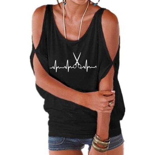 Summer Heartbeat Hairdresser T Shirt Women Girls Tshirt Barber T-shirt Sexy Off Shoulder Tops Batwing Short Sleeve Lace up Tee
