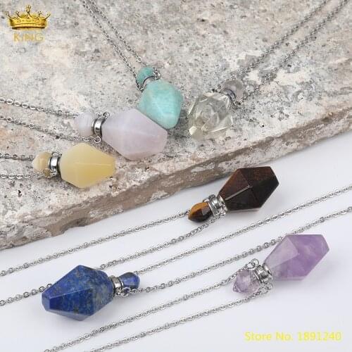 Fashion Women Natural Amethysts Quartz Crystal Perfume Bottle Pendant Necklace Gold Essential Oil Diffuser Jewelry DSS-263KBBE