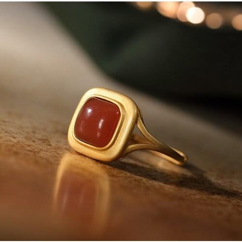 Natural 925 sterling silver gilded inlaid southern red agate jade rings natural jade rings resizable rings for women engagement