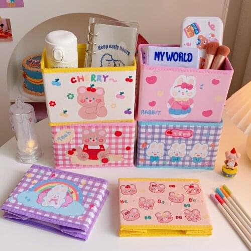 Cartoon Bear Desktop Storage Box Rabbit Girls Cosmetic Case Student Pencil Box Foldable Function Clutch Pouch Home Makeup Pouch