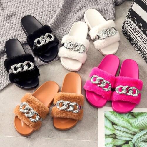 Solid Color Plush Slippers Open Toe Rhinestone Chain Womens Shoes Outdoor Casual Fashion Sandals Plus Size