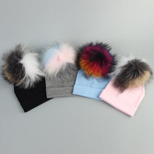 Autumn Winter Newborn Girls Boys Kids Warm Plain Cotton Skullies Hat Baby Cotton Beanies Hats with Real Fur Raccoon Pompom Caps