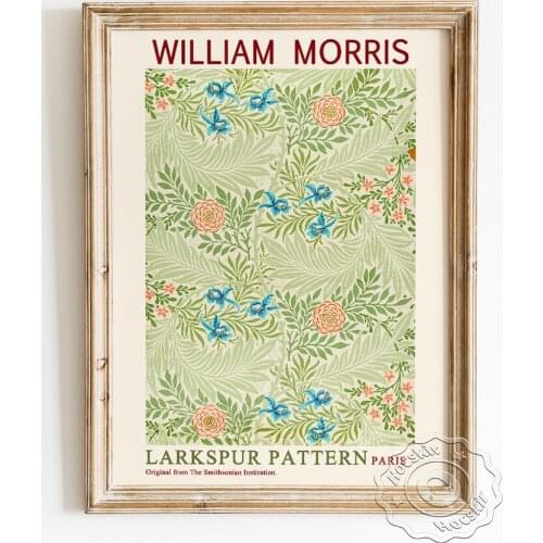 William Morris Exhibition Museum Prints Poster, Larkspur Pattern Fabric Design Canvas Painting, Quietly Elegant Wall Art Decor