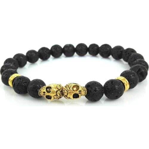 Kejialai Retail 8mm Natural Black Lava Energy Stone Beads Bracelet Double Gold Skull Bracelets Yoga Bracelet For Men Party Gift