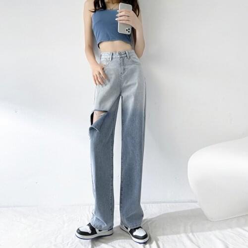 Ripped Jeans Women Classic Gradient Blue Baggy Washed Retro High Waist Straight Loose Wide Leg Woman Large Size Denim Pants 2021