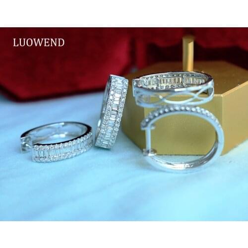 LUOWEND 18K Solid White Gold Earrings Luxury Real Natural Diamond Elegant Women Engagement Wedding New Fashion Hoop Earrings
