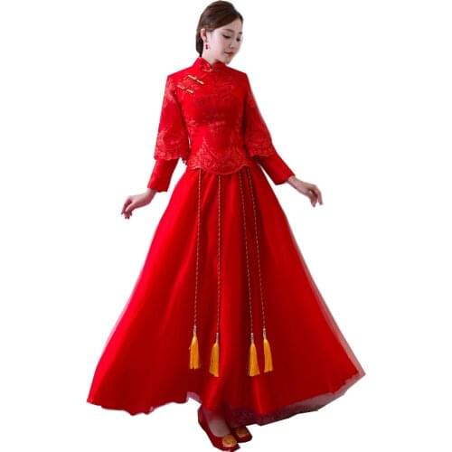 Shanghai Story Long Sleeve Qipao Chinese Wedding Clothing Embroidery Cheongsam Traditional Chinese Dress