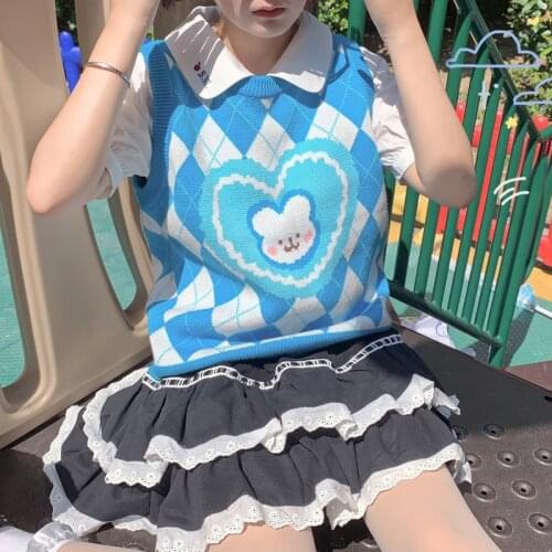 Japanese Preppy Style Sweet Soft Girly O-Neck Cute Cartoon Rabbit Sleeveless Diamond Plaid Pullover Knitting Blue Vest Sweater