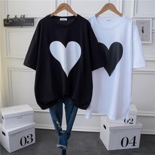 Women Cotton Oversized T Shirt 2021 Summer Short Sleeve Crewneck Heart Printed Casual Plus Size Tees Tunic Top Graphic Tee
